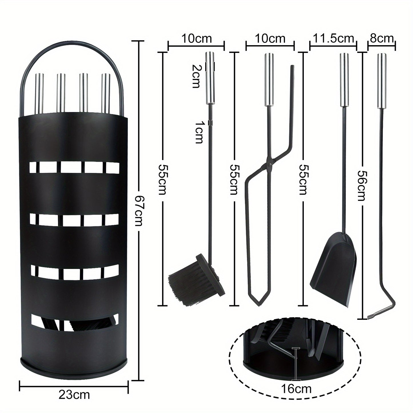 Ensemble de 5 pièces noire d'accessoires de cheminée, en acier inoxydable, avec support, balai, pinces, tisonnier, pelle à cendres pour poêle à bois