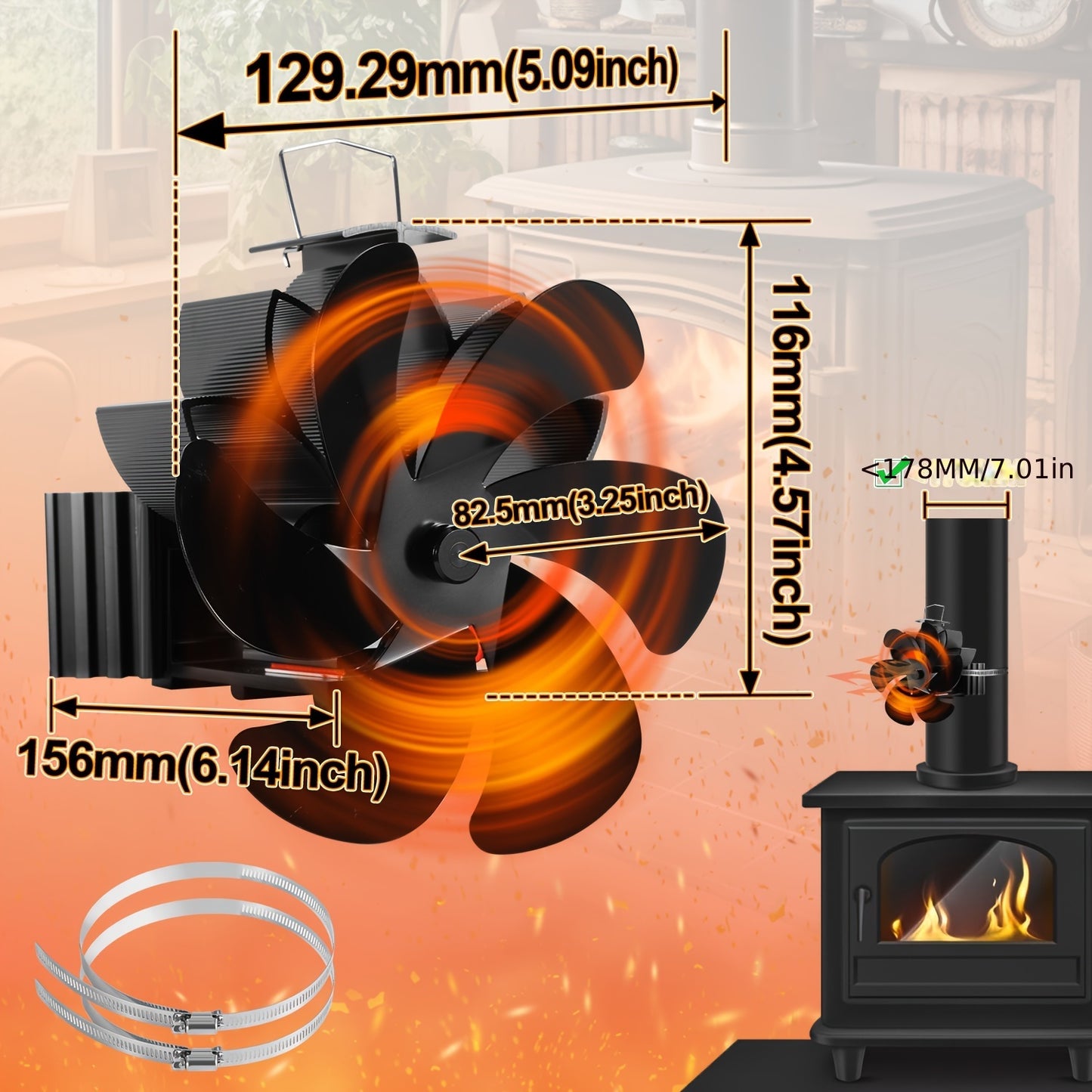 Ventilateur à 6/8 pales pour poêles à bois, efficace et silencieux, aucune alimentation électrique nécessaire