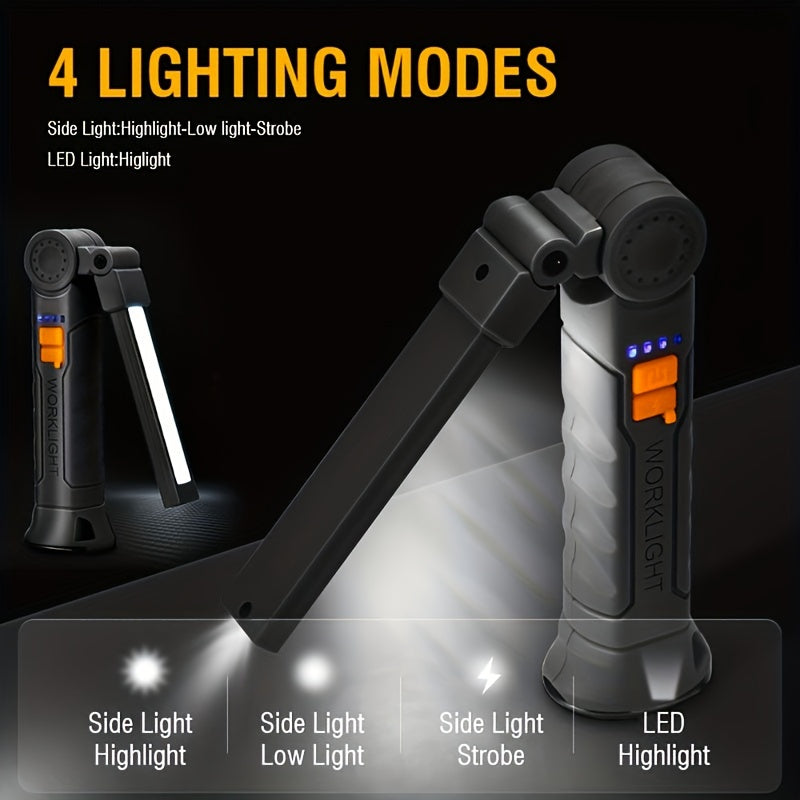 Luz de trabajo multifuncional con luces laterales COB, recargable por USB, impermeable, linterna LED portátil, lámpara de tienda con gancho, camping al aire libre, pesca, linterna oculta