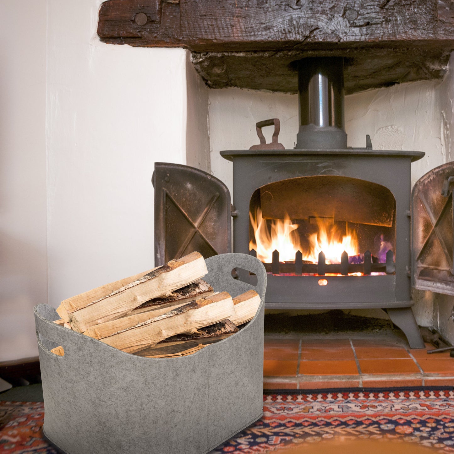 2x Panier à bois de chauffage en feutre Gris/gris foncé pliante. Max 50kg de Bois de chauffage, ou Panier de rangement, ou Panier à linge.