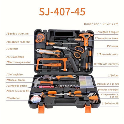 Tool Case, 45 Pieces, Material: Chrome Vanadium And Heat-treated Carbon Steel, Black, Orange