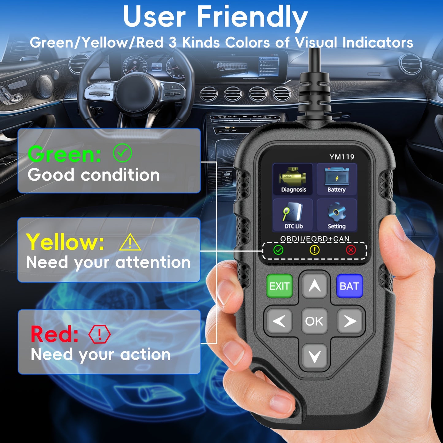 Car Code Reader, OBD2 Car Code Scanner Voltage Tester Engine Fault Code Scanner, EOBD+CAN Charging Tester Diagnostic Tool For OBDII Protocol Cars