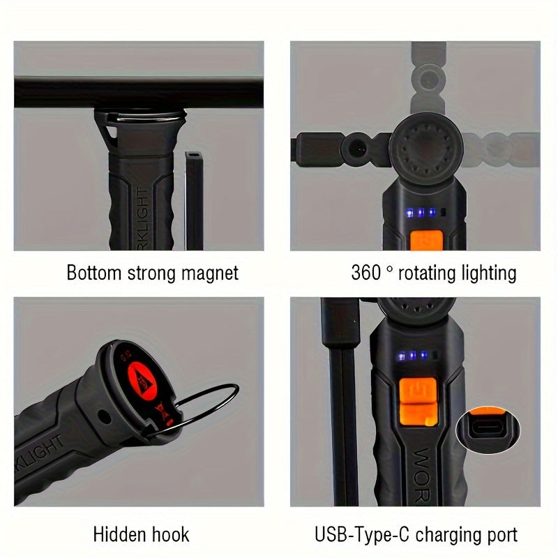 Luz de trabajo multifuncional con luces laterales COB, recargable por USB, impermeable, linterna LED portátil, lámpara de tienda con gancho, camping al aire libre, pesca, linterna oculta